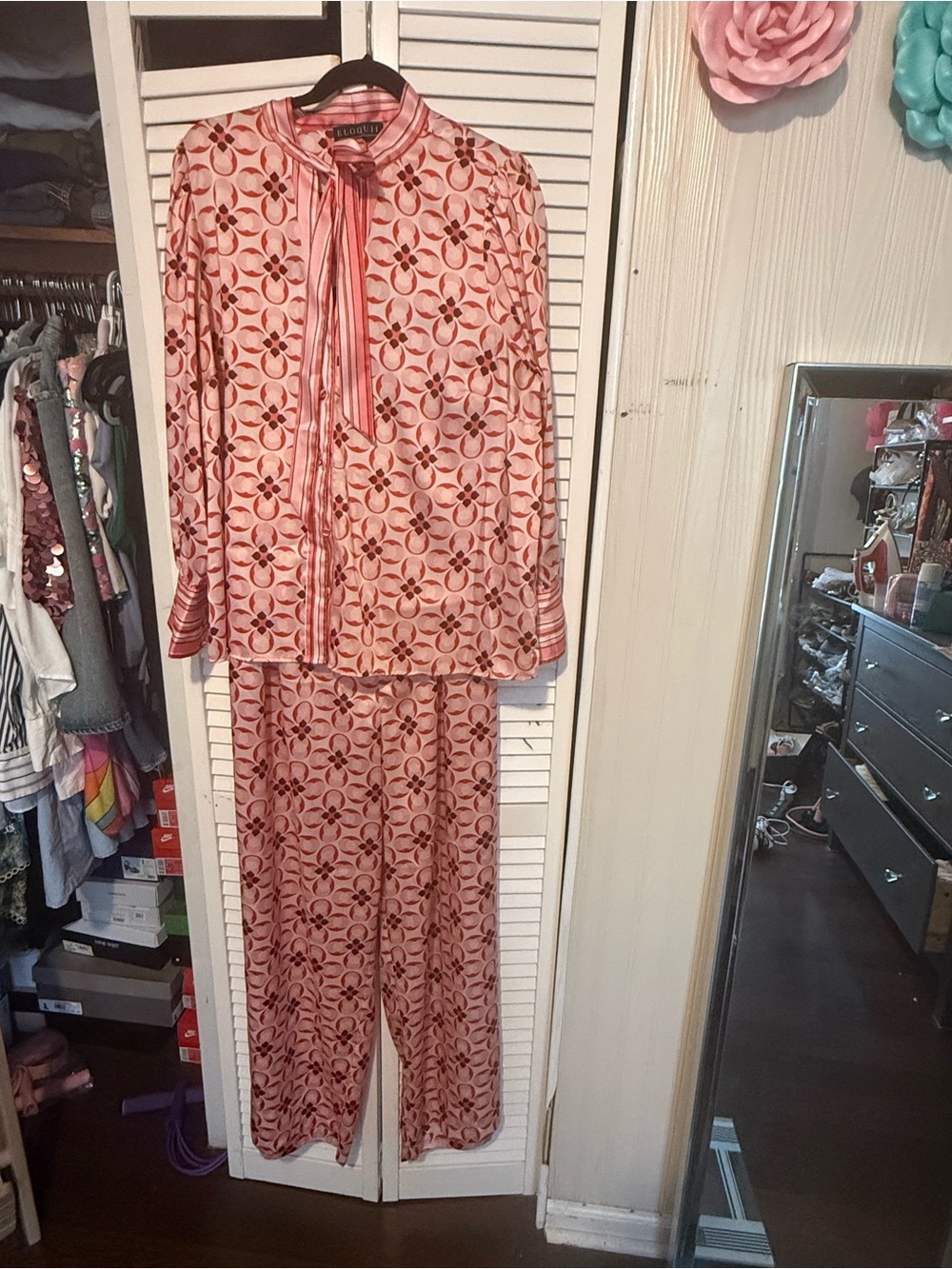 Agent Provocateur Pink Floral Satin Wide-Leg Set with Tie Neck